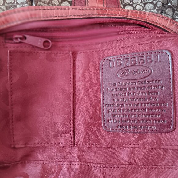 💥 LIKE NEW💥GORGEOUS BRIGHTON RED LEATHER BROWN SIGNATURE CANVAS HOBO BAG - Picture 8 of 8